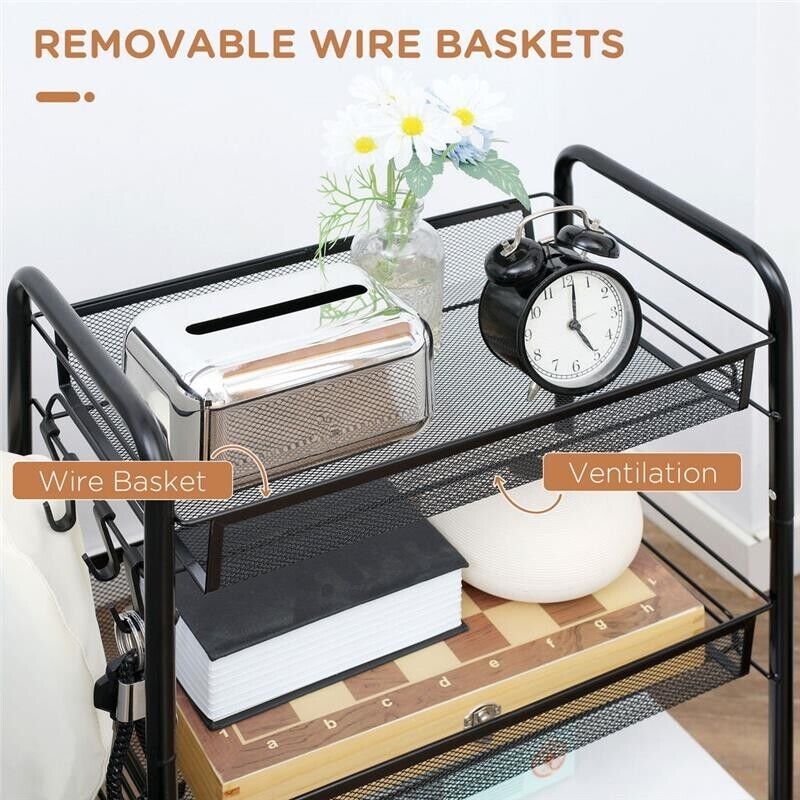 CARRELLO DA CUCINA A 3 LIVELLI CON CESTI REMOVIBILI 41.5LX26.5X63CM ACCIAIO NERO