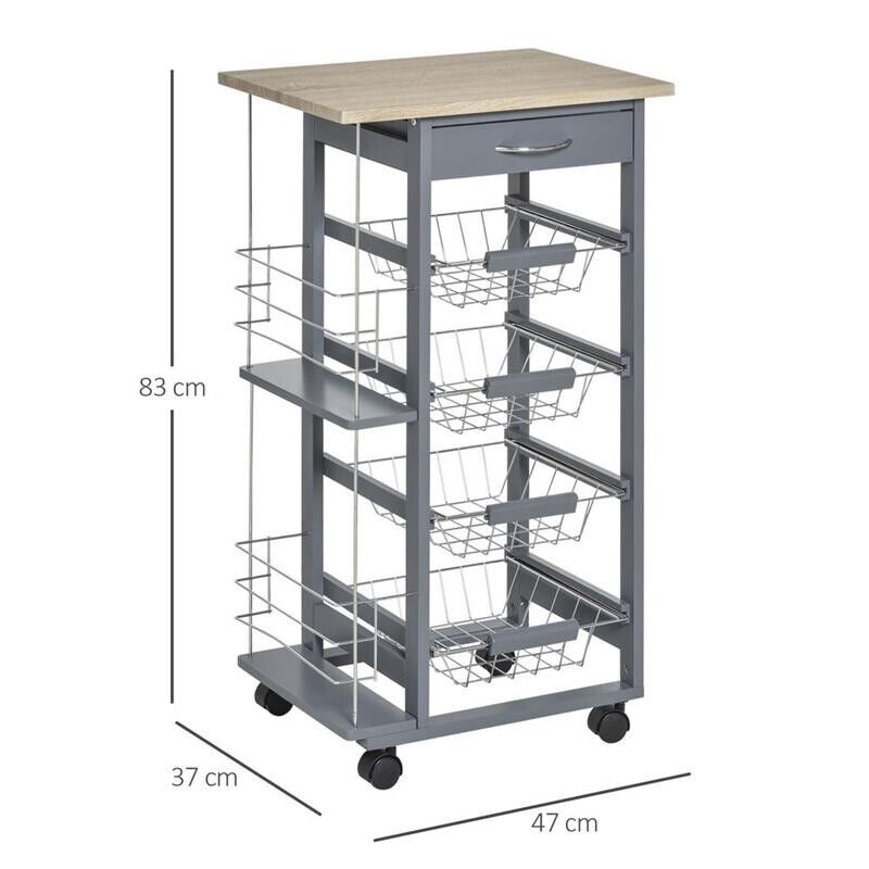 CARRELLO DA CUCINA CON CASSETTO E 4 CESTELLI METALLICI 47X37X83 CM GRIGIO SCURO