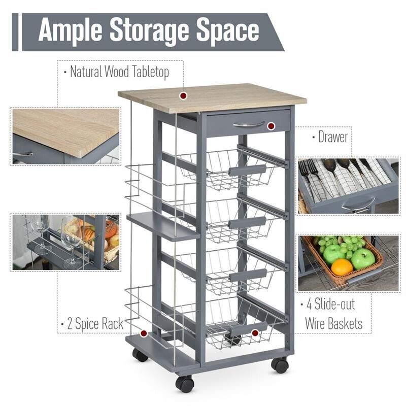 CARRELLO DA CUCINA CON CASSETTO E 4 CESTELLI METALLICI 47X37X83 CM GRIGIO SCURO