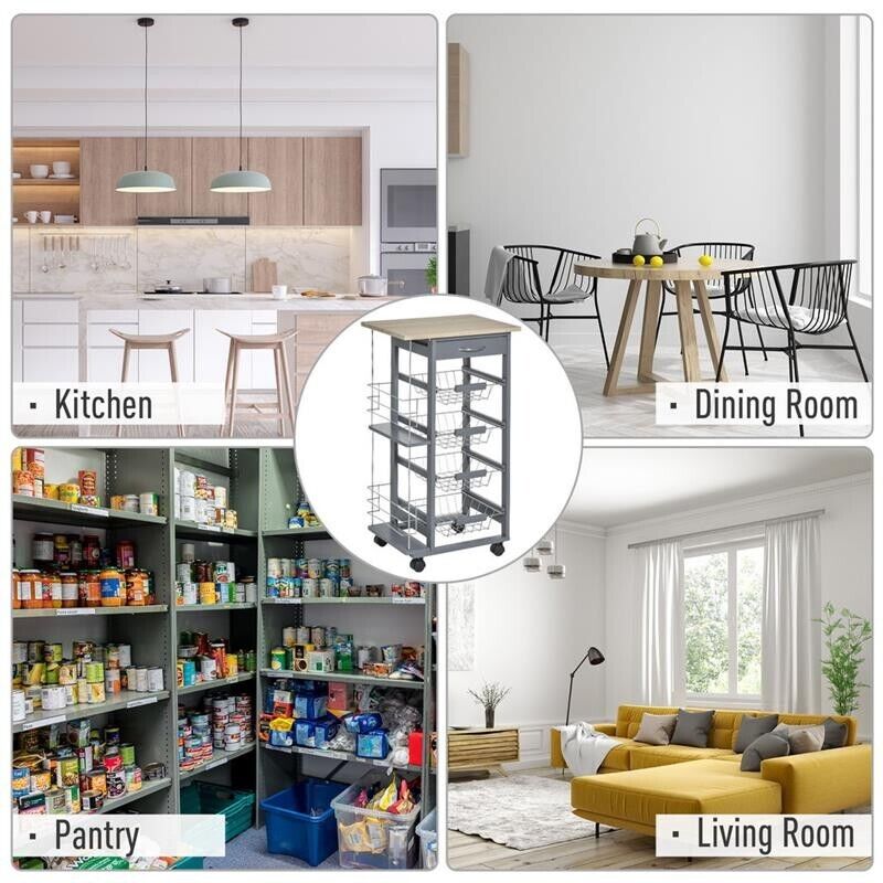 CARRELLO DA CUCINA CON CASSETTO E 4 CESTELLI METALLICI 47X37X83 CM GRIGIO SCURO