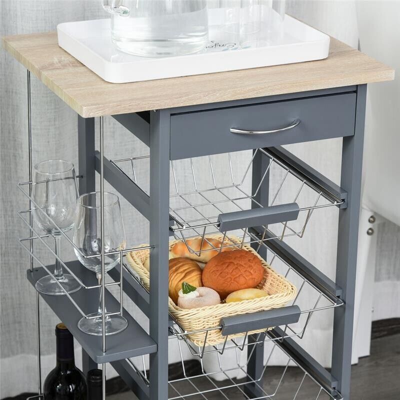 CARRELLO DA CUCINA CON CASSETTO E 4 CESTELLI METALLICI 47X37X83 CM GRIGIO SCURO