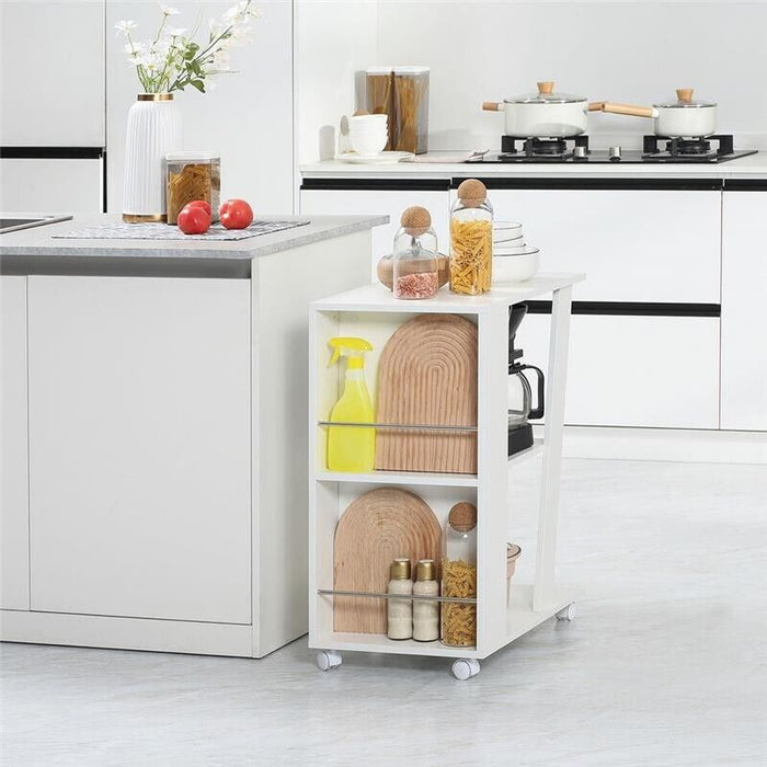 CARRELLO DA CUCINA MODERNO IN LEGNO CON 2 RIPIANI E RUOTE 60X38X77CM BIANCO