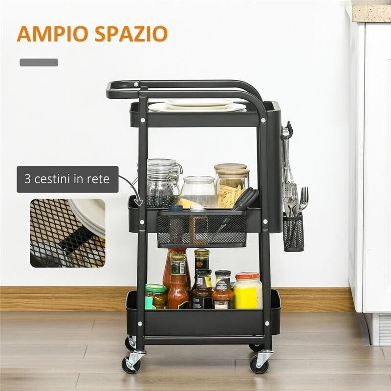 CARRELLO MULTIUSO A  3 LIVELLI IN ACCIAIO 51.5X32X75.6 CM NERO