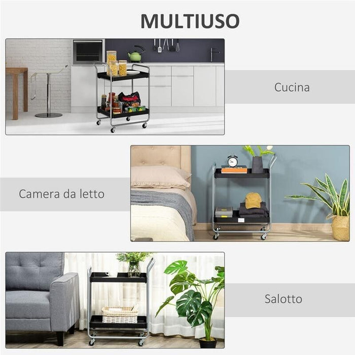 CARRELLO PORTAVIVANDE A 2 LIVELLI IN METALLO 63X40.4X83.5 CM NERO