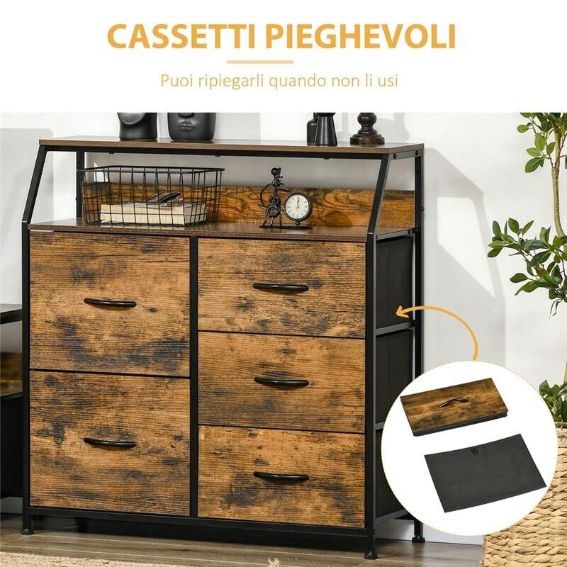 MOBILE CASSETTIERA A 5 CASSETTI IN TESSUTO 83.5X29X87 CM COLORE MARRONE