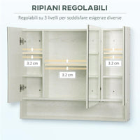 ARMADIETTO A SPECCHIO PER BAGNO CON RIPIANI REGOLABILI 3 PORTE 90X15X75CM