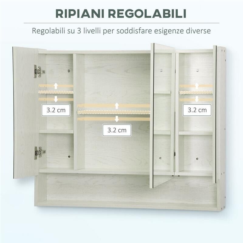 ARMADIETTO A SPECCHIO PER BAGNO CON RIPIANI REGOLABILI 3 PORTE 90X15X75CM