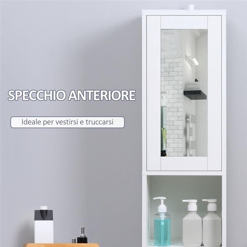 COLONNA BAGNO IN LEGNO CON SPECCHIO E APERTURA A PRESSIONE 30X28X170CM BIANCO