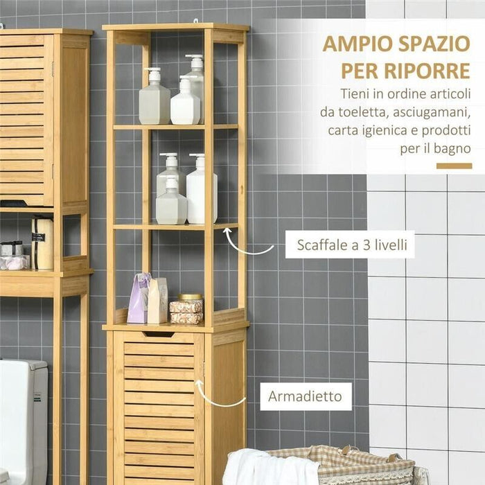 MOBILE BAGNO A 3 RIPIANI E CREDENZA DESIGN A DOGHE 34X30X173CM LEGNO NATURALE