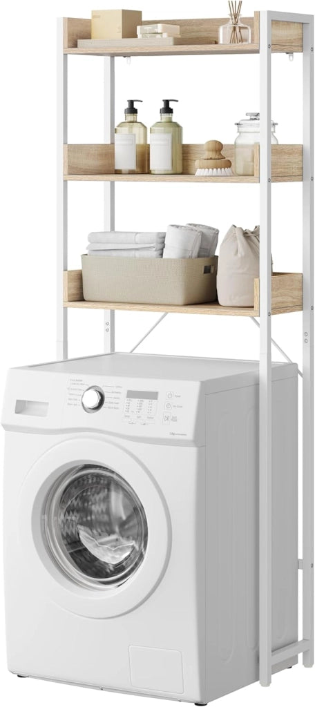 Mobiletto Bagno Salvaspazio, Scaffale Lavatrice con 3 Ripiani, per Lavanderia, Bagno, Soggiorno, Balcone, Legno e Metallo, Rovere Chiaro+Bianco, 63x25x166,5 cm