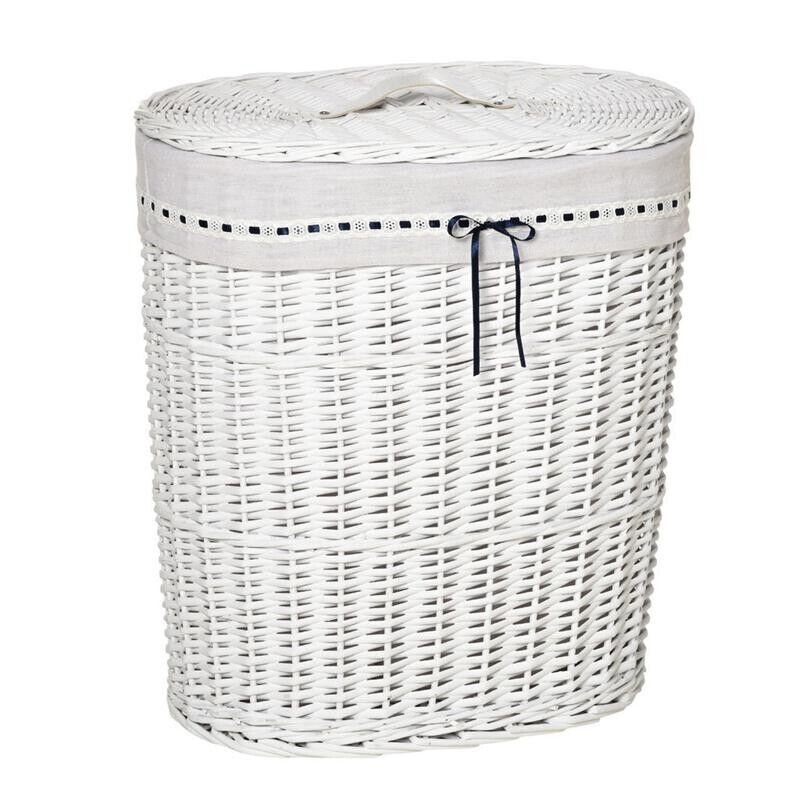 CESTO PORTABIANCHERIA IN VIMINI CON COPERCHIO E SACCO IN TESSUTO  BIANCO