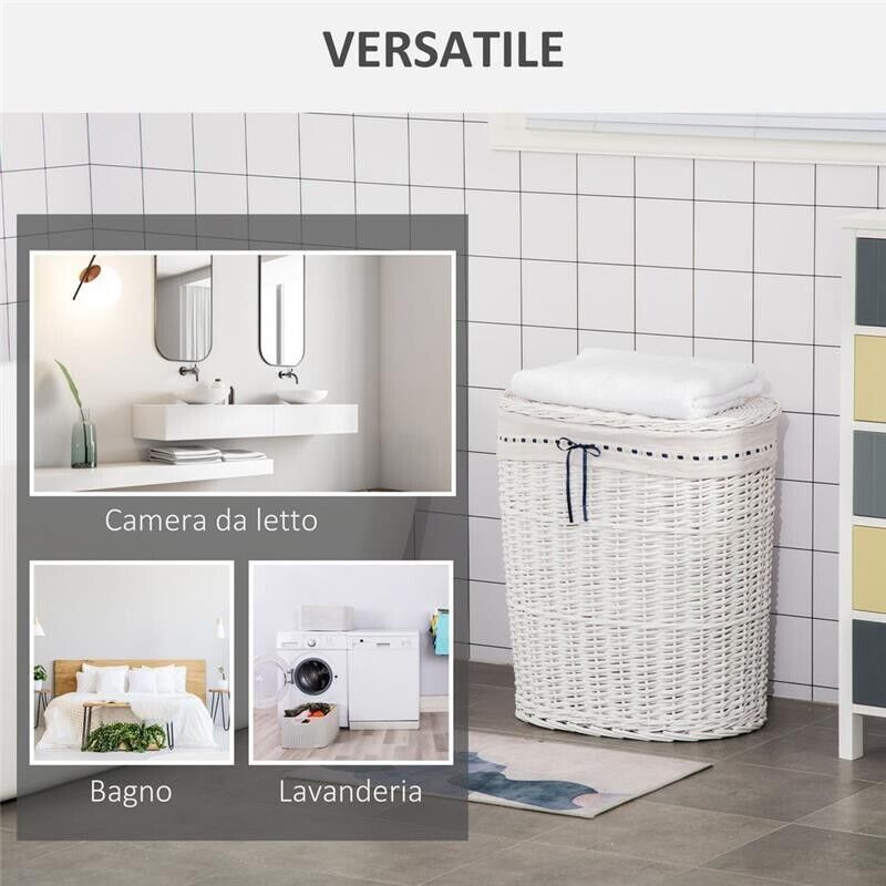 CESTO PORTABIANCHERIA IN VIMINI CON COPERCHIO E SACCO IN TESSUTO  BIANCO