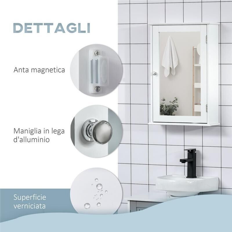 MOBILETTO BAGNO PENSILE CON SPECCHIO E ANTA A CHIUSURA 41X14X60 CM BIANCO