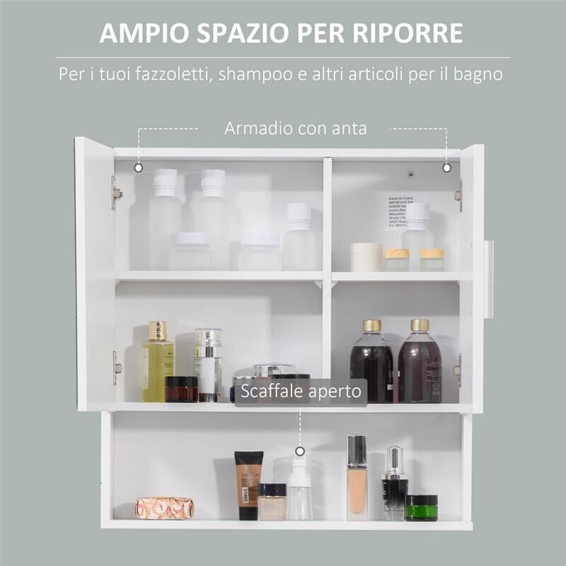 SPECCHIERA BAGNO IN LEGNO A 2 ANTE E RIPIANO APERTO 54X15.2X55.3CM BIANCO