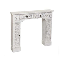 CORNICE PER CAMINETTO 115X23X H95 CM BIANCO SHABBY CON 2 ANTE E 4 CASSETTI