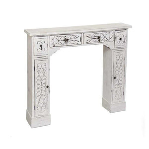 CORNICE PER CAMINETTO 115X23X H95 CM BIANCO SHABBY CON 2 ANTE E 4 CASSETTI