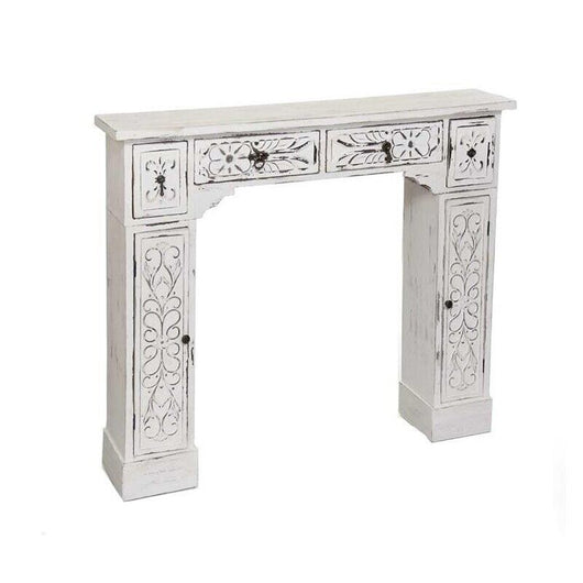 CORNICE PER CAMINETTO 115X23X H95 CM BIANCO SHABBY CON 2 ANTE E 4 CASSETTI