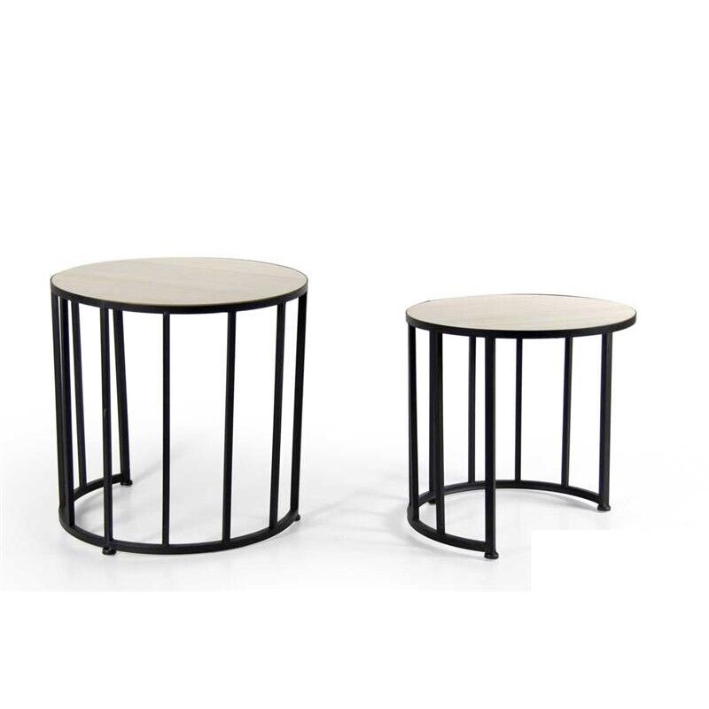 MEMPHIS SET 2 TAVOLINI TONDI IN METALLO NERO CON TOP LEGNO
