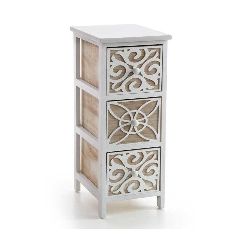 CASSETTIERA DA ARREDO DECORATA CON 3 CASSETTI 26X32XH62CM LEGNO E BIANCO