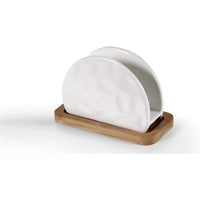 PORTATOVAGLIOLI IN CERAMICA BIANCA CON BASE DI LEGNO 14 X 7 X H9 CM