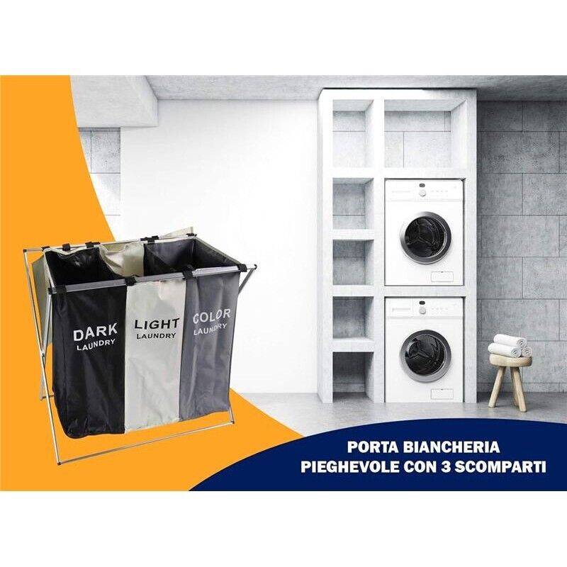 CESTO PORTABIANCHERIA A 3 SCOMPARTI IN TESSUTO STRUTTURA IN ALLUMINIO PIEGHEVOLE