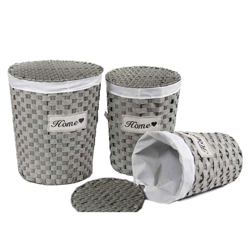 SET 3 CESTE PORTABIANCHERIA A FORMA TONDA IN VIMINI GRIGIO