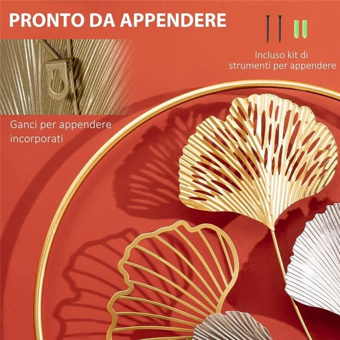 DECORAZIONE MURALE 3D IN METALLO CON CORNICI ROTONDE 138X70CM ORO E ARGENTO
