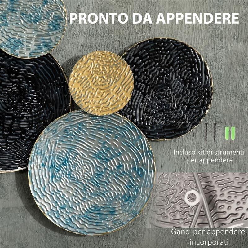 DECORAZIONE MURALE IN METALLO 3D WALL ART A CERCHI 133X66CM BLU NERO E ORO
