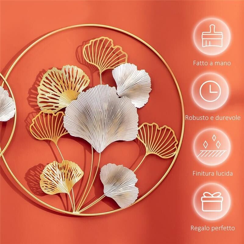 DECORAZIONE MURALE 3D IN METALLO CON CORNICI ROTONDE 138X70CM ORO E ARGENTO