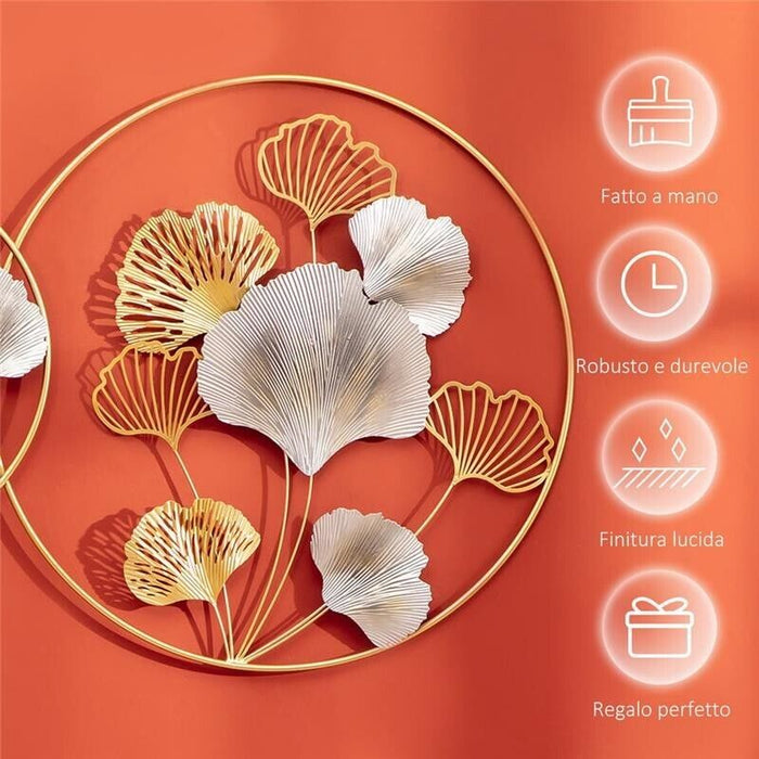 DECORAZIONE MURALE 3D IN METALLO CON CORNICI ROTONDE 138X70CM ORO E ARGENTO