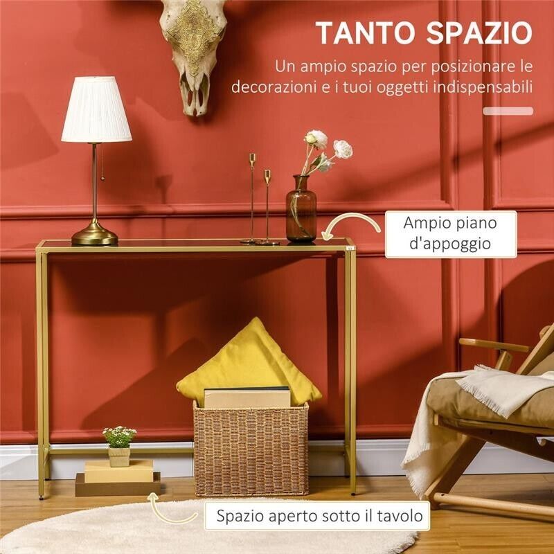 MOBILE CONSOLLE DA INGRESSO IN ACCIAIO E VETRO TEMPERATO100X35.5X80CM BIANCO E ORO