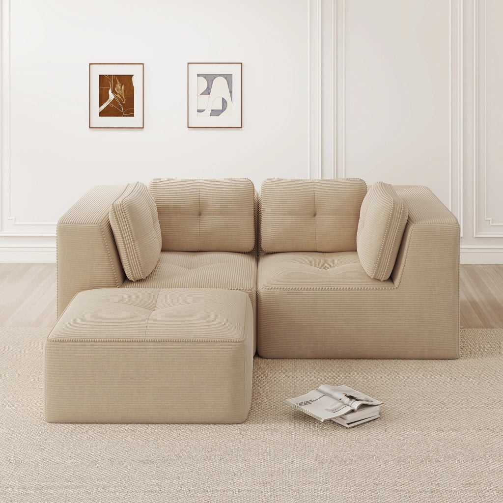 Divano angolare modulare in velluto a coste senza montaggio con design componibile e seduta bassa beige