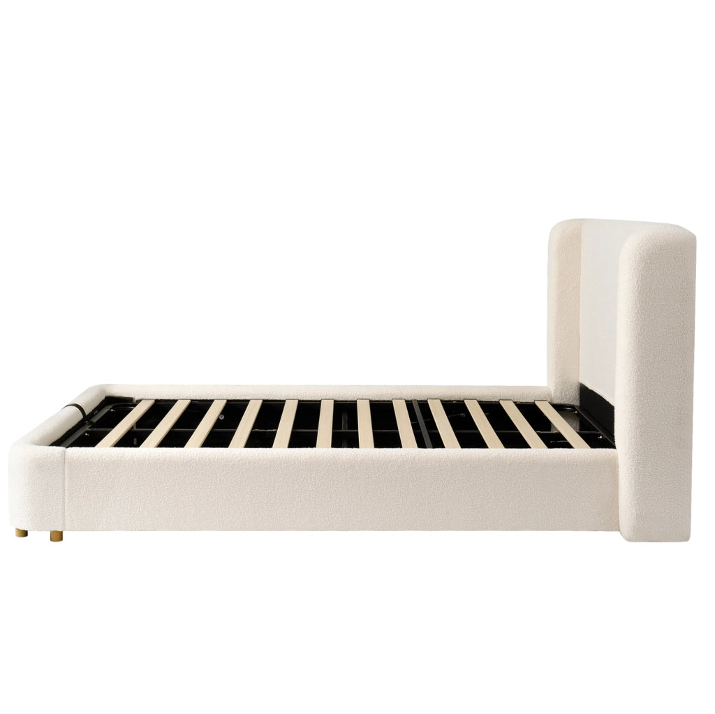 Letto matrimoniale imbottito 180x200 cm con contenitore; struttura in metallo e bouclé beige