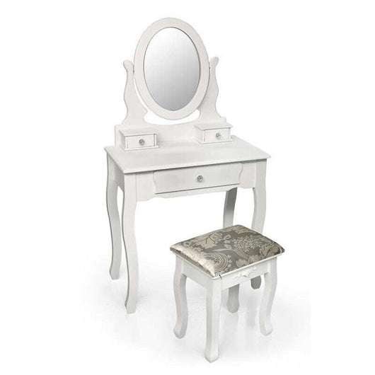 CONSOLLE PER MAKE UP CON SGABELLO E SPECCHIO TONDO 70X40X132CM COLORE BIANCO