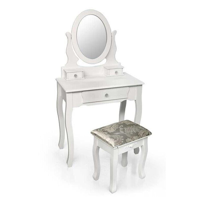 CONSOLLE PER MAKE UP CON SGABELLO E SPECCHIO TONDO 70X40X132CM COLORE BIANCO