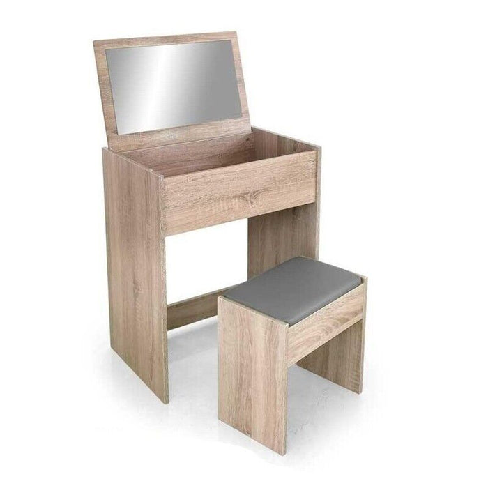 TOELETTA IN LEGNO CON SPECCHIO PIEGHEVOLE E SGABELLO 60X40X75 CM ROVERE