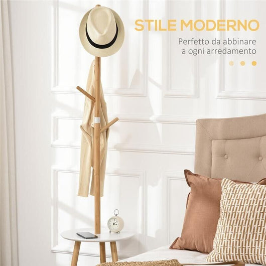 APPENDIABITI DA TERRA CON 5 GANCI IN BAMBÙ E TAVOLINO ROTONDO 39X39X171CM BIANCO