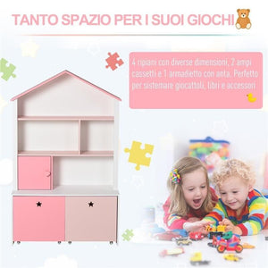 LIBRERIA SCAFFALE PORTAGIOCHI PER CAMERETTA BIMBI CON 2 CASSETTI ESTRAIBILI