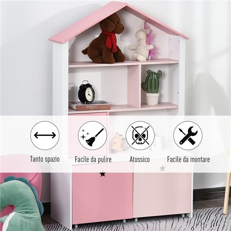 LIBRERIA SCAFFALE PORTAGIOCHI PER CAMERETTA BIMBI CON 2 CASSETTI ESTRAIBILI