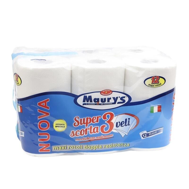 KIT SET 3 PZ MAURY'S CARTA IGIENICA 12 ROTOLI A 3 VELI GR1600