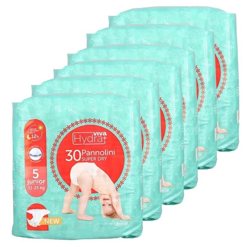 HYDRAVIVA SET 6 CONFEZIONI DI PANNOLINI SUPER DRY JUNIOR TG 5 11-25 KG DA 30PZ