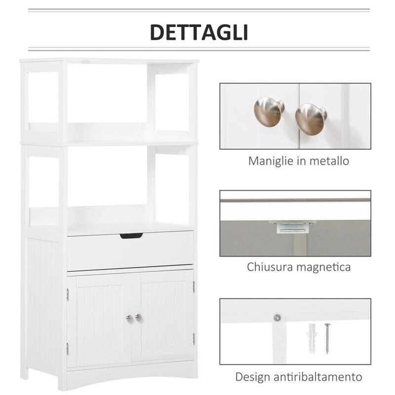 MOBILE BAGNO CON MENSOLE NARMADIETTO E CASSETTO 60X33X122.5CM IN LEGNO BIANCO