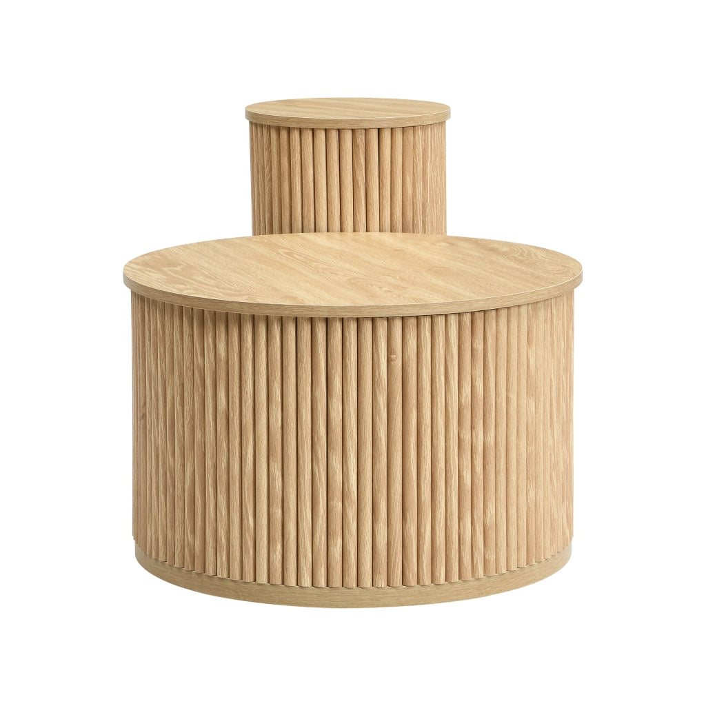 Set 2 Tavolini da Caffè Rotondi in MDF Colore Naturale; Design a Strisce 3D; 60x60x38.5 cm e 30x30x56 cm