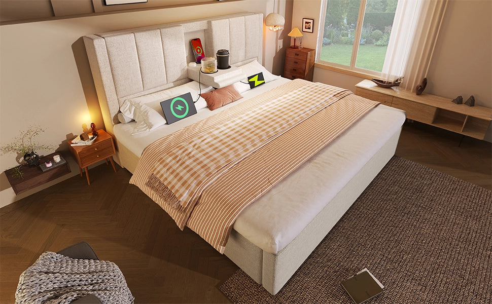 Letto imbottito 160x200 cm con porta tazze e stazione di ricarica USB/Type-C, contenitore idraulico, con materasso