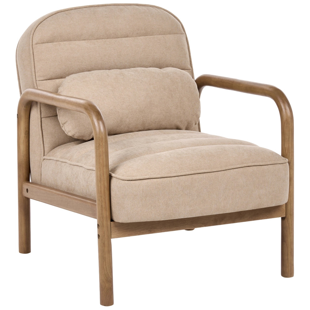 Poltrona in tessuto beige con struttura in legno, stile Mid-Century Modern