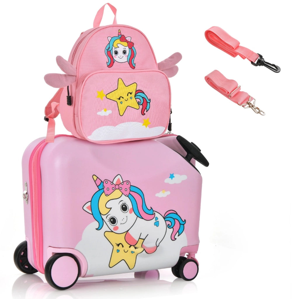 Set di valigie per bambini da 2 pezzi, Valigia con zaino duro e impermeabile con ruote 47x26,5x36,5cm Rosa-Bagagli e borse