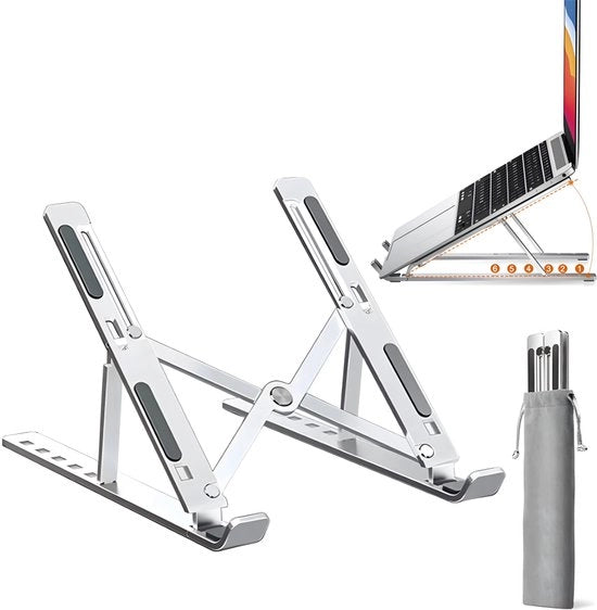 Supporto Portatile per Laptop - Alza Laptop - Sostegno Ergonomico per Laptop - Supporto per Laptop - 6 Angoli di Fissaggio - Ripiegabile - Supporto per Laptop e Tablet con Tasca di Ricarico - Notebook/ Libro/Tablet - Argento