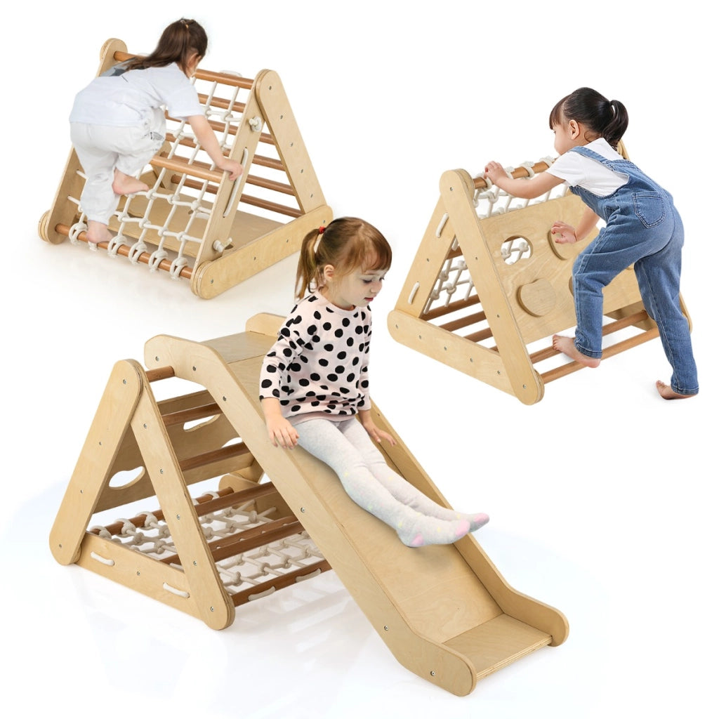 Arrampicata in legno per bambini 4-in-1 con scivolo, Arrampicata a triangolo per interni con rete Naturale