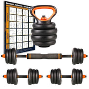 Trade Shop - Set 6in1 Multifunzione Peso 15kg Manubri Con Bilanciere E Kettlebell Componibile -