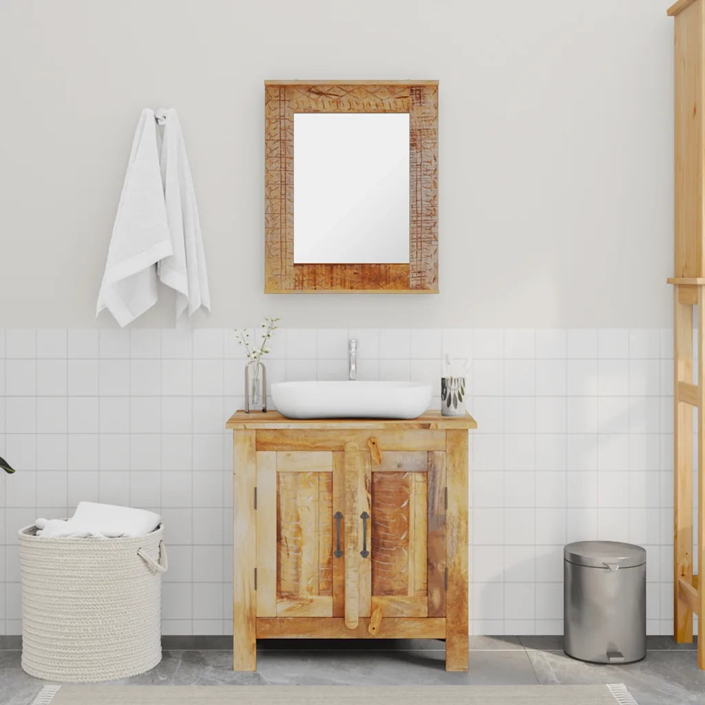 Armadietto da Bagno con Specchio-Mobile bagno con specchio in Legno Massello di Mango
